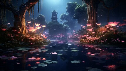 A captivating landscape merging the realms of nature and fantasy, where an ancient forest meets a shimmering lake, the surface reflecting a starry sky