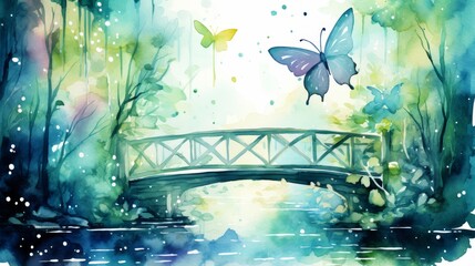 Watercolor illustration of butterflies over stream with bridge, vibrant nature art
