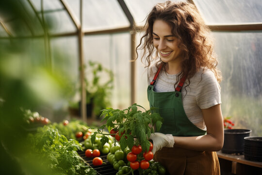  Worker taking care of plants in the hotbed.