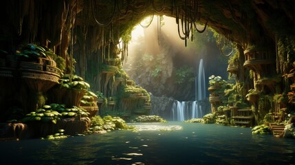 A majestic waterfall cascading down rugged cliffs into a pristine pool below, surrounded by lush tropical vegetation, sunlight filtering through the dense canopy