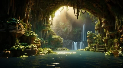Poster Aurores boréales A majestic waterfall cascading down rugged cliffs into a pristine pool below, surrounded by lush tropical vegetation, sunlight filtering through the dense canopy