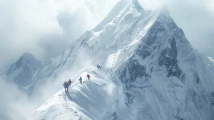 Crédence de cuisine en verre imprimé Everest Climbers climb winter mountain. Extreme sport expedition. Beautiful Peak view. Hiking trekking Tourism Concept. Successful mountaineer achieve top of high hill. Hikers Adventure. Snowy landscape.