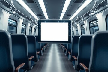 A train carriage entertainment system mockup with a blank screen, in a modern interior.