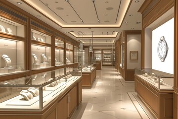 A luxury watchmaker's craft demonstration screen mockup with a blank display, in a prestigious store.