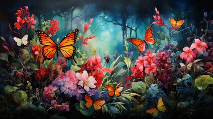 Fototapeta na wymiar A mesmerizing painting portraying a dense jungle teeming with life, vibrant birds with iridescent feathers flitting among lush foliage, exotic butterflies dancing around blooming orchids