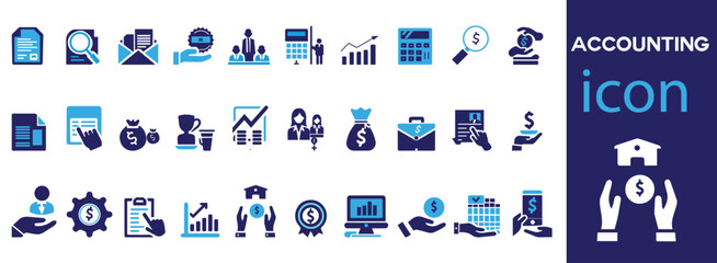 Accounting icon set. Containing financial statement, accountant, financial audit, invoice, tax calculator, business firm, tax return, income and balance sheet icons. Solid icon collection. flat vector - obrazy, fototapety, plakaty