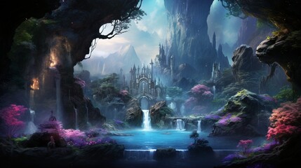 A mesmerizing scene blending elements of nature and fantasy, where a majestic waterfall cascades down from a floating island suspended in the sky - obrazy, fototapety, plakaty