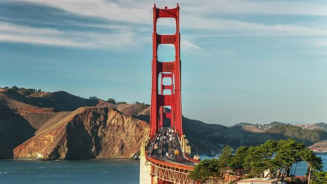 SAN FRANCISCO, USA - MARCH 7, 2024: Timelapse hyperlapse panoramic view of Golden Gate Bridge in San Francisco, California, USA