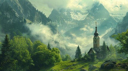 Church bells in a serene mountain valley - obrazy, fototapety, plakaty