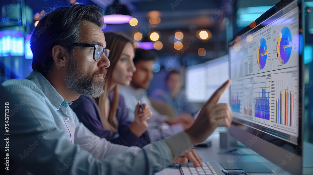 Poster Sales team analyzing customer data on software. The team is engaged and proactive, working together in a modern office. Generative AI.