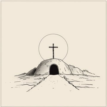 recommend clip art: A minimalist line art drawing of a cross and an empty tomb, symbolizing Jesus' resurrection