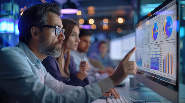 Sales team analyzing customer data on software. The team is engaged and proactive, working together in a modern office. Generative AI.