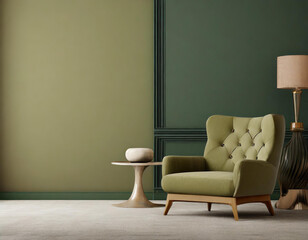 Living room or buisness hall scene in deep green colors. Combination of olive and beige brown. Empty wall blank - olivegreen background and luxury armchair. Premium