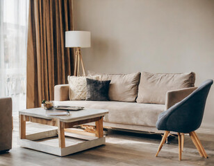 Livingroom or buisness lounge in deep beige colors. Set furniture ivory taupe tan and gray. Empty wall mockup - decorative wood veneer.