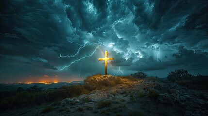 A dramatic image of a stormy night with flashes of lightning illuminating a lone, illuminated cross on a hilltop