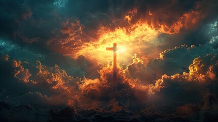 A dramatic scene with dark clouds parting to reveal a ray of sunlight illuminating a cross, representing the contrast between Good Friday and Easter Sunday - obrazy, fototapety, plakaty