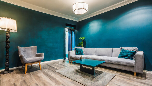 Livingroom or buisness lounge in deep dark colors. Mix trend of blue teal and gray. Empty wall mockup - paint background and rich set furniture. Luxury interior design reception hall room