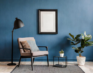 Minimalist composition of living room interior with blue background, black poster frame mock up