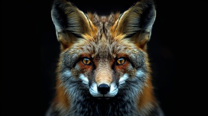 A captivating close-up of a red fox's face, with its piercing amber eyes focused and alert, set against a dark, shadowy background.