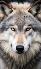 Obraz premium face of a serious wolf on a white background photo сreated with Generative Ai