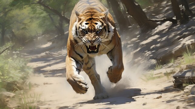 Tiger moving stealthily through dense jungle foliage, wildlife illustration in natural habitat