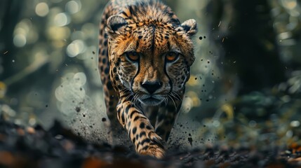 A cheetah moves stealthily among the underbrush, its intense eyes locked on prey, amidst a backdrop of dappled forest light.