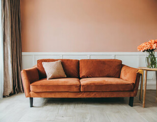 Modern livingroom with bright orange terracotta brown sofa. Pastel accent painting walls empty for art -decorative peach fuzz 2024 color. Mockup minimalism room lounge interior design