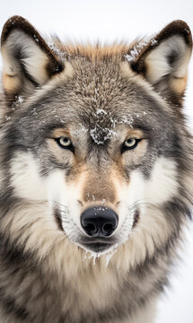 face of a serious wolf on a white background photo сreated with Generative Ai