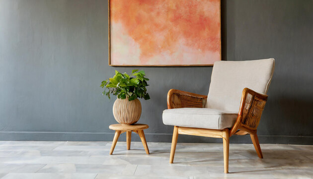 Peach fuzz trend color year 2024 in the luxury livingroom. Painted mockup gray wall for art, peach apricot beige pastel chair color. Modern room design interior home. Accent premium lounge.