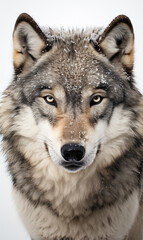 Naklejka na ściany i meble face of a serious wolf on a white background photo сreated with Generative Ai