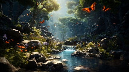 An enchanting forest scene with a serene waterfall cascading down a rocky cliff, sunlight filtering...
