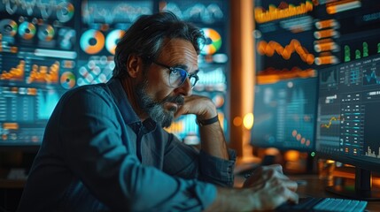 Fototapeta premium Professionals analyzing financial data with graphs and statistics visible in office. Generative AI.