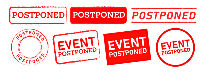 postponed square and circle red stamp label sticker sign event delay canceled rescheduled