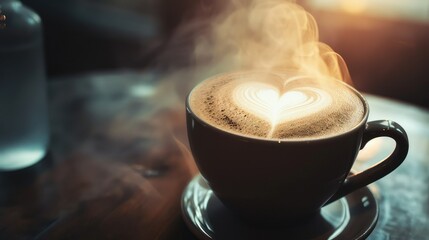 A cup of steaming hot coffee with a heart-shaped foam art on top.