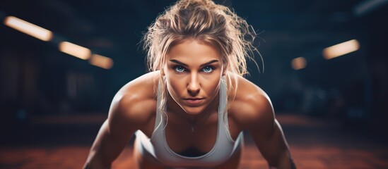 Fototapeta na wymiar A beautiful young sportswoman is seen doing push ups in a gym. She is focused and determined, engaging her core muscles and building strength in her upper body.