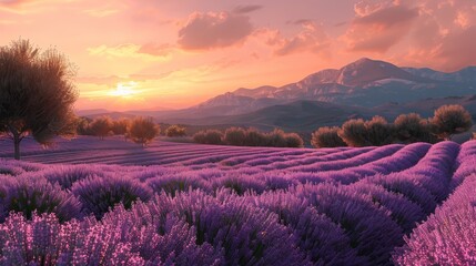 Picturesque lavender fields in full bloom at sunset, with golden light casting a warm glow over the purple landscape and distant mountains.