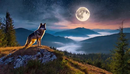 Foto op Plexiglas anti-reflex At night, in the light of the moon, the wolf will hunt on the mountain © saleem