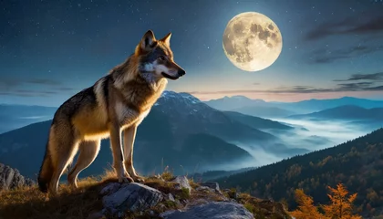 Fotobehang At night, in the light of the moon, the wolf will hunt on the mountain © saleem