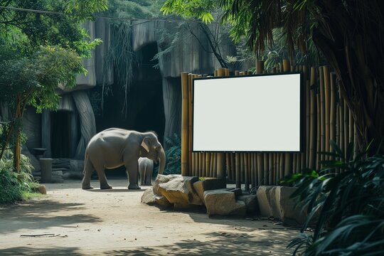 A zoo information display mockup with a blank screen, near animal enclosures.