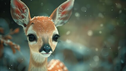 A whimsical depiction of a young fawn with large, expressive eyes amidst a gentle snowfall in a mystical winter forest.