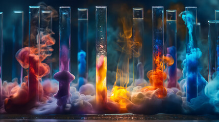 A Vibrant Display of Chemical Reactions in Test Tubes - obrazy, fototapety, plakaty