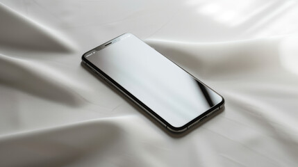 product photo of a sleek smartphone placed vertically, isolated on a white fabric background - obrazy, fototapety, plakaty