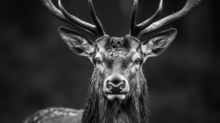 A striking black and white close-up of a deer in the rain, capturing the texture of its fur and antlers against a dark background.