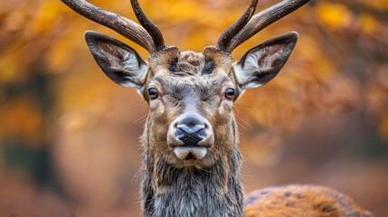 Close-up portrait of a stag with prominent antlers against a blurred autumn foliage background, evoking the essence of fall wildlife.