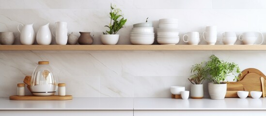 A shelf in a white kitchen design is filled with numerous white ceramic dishes and cups neatly arranged in rows. The dishes and cups are placed on display, ready for use in the kitchen.