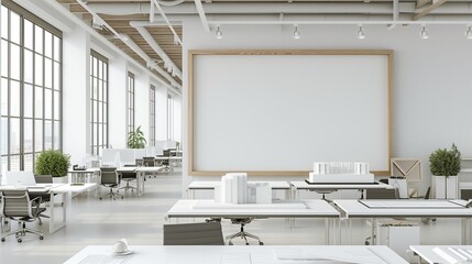A modern architecture firm office with an empty frame for project highlights, models of buildings, and drafting tables - obrazy, fototapety, plakaty