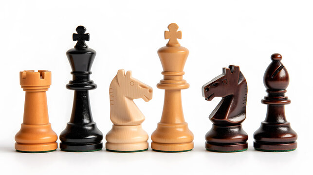 Chess Pieces Arrayed on White Background