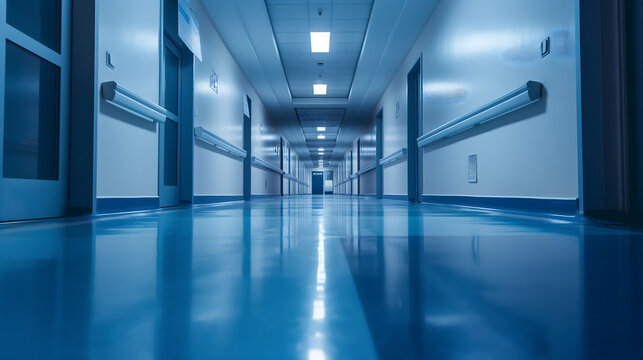 Serene Hospital Corridor with Blue Lighting