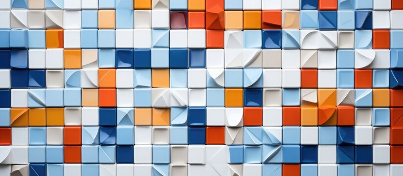 The image showcases a wall composed of numerous ceramic mosaic tiles in various vibrant colors, including white, light blue, grey, blue, orange, and red.