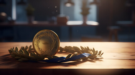 a gold medal and laurel on the table